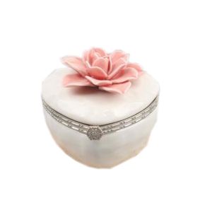 Ceramic Decoration Storage Box Heart-shaped White Jewelry Box; Pink Flower