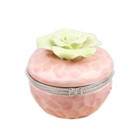 Ceramic Decoration Storage Box Round-shaped Pink Jewelry Box; Green Flower