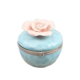 Ceramic Decoration Storage Box Handmade Blue Jewelry Box; Pink Flower