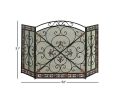 Traditional 3 Panel Metal Fire Screen With Filigree Design, Bronze, Black