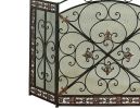 Traditional 3 Panel Metal Fire Screen With Filigree Design, Bronze, Black