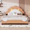 Full Size Upholstered Leather Platform Bed with Lion-Shaped Headboard, Brown