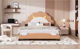 Full Size Upholstered Leather Platform Bed with Lion-Shaped Headboard, Brown