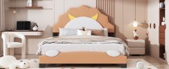 Full Size Upholstered Leather Platform Bed with Lion-Shaped Headboard, Brown