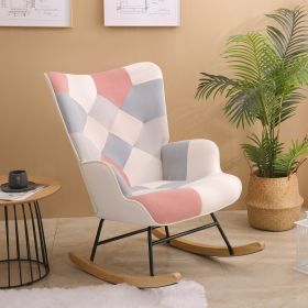 Rocking Chair, Mid Century Fabric Rocker Chair with Wood Legs and Patchwork Linen for Livingroom Bedroom (Color: Pink)