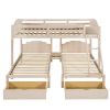 Full Over Twin & Twin Bunk Bed;  Velvet Triple Bunk Bed with Drawers and Guardrails