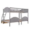 Full Over Twin & Twin Bunk Bed;  Velvet Triple Bunk Bed with Drawers and Guardrails