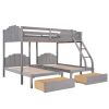 Full Over Twin & Twin Bunk Bed;  Velvet Triple Bunk Bed with Drawers and Guardrails