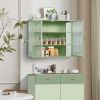 27.56"Glass Doors Modern Two-door Wall Cabinet with Featuring Three-tier Storage for Entryway Living Room Bathroom Dining Room