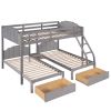 Full Over Twin & Twin Bunk Bed;  Velvet Triple Bunk Bed with Drawers and Guardrails